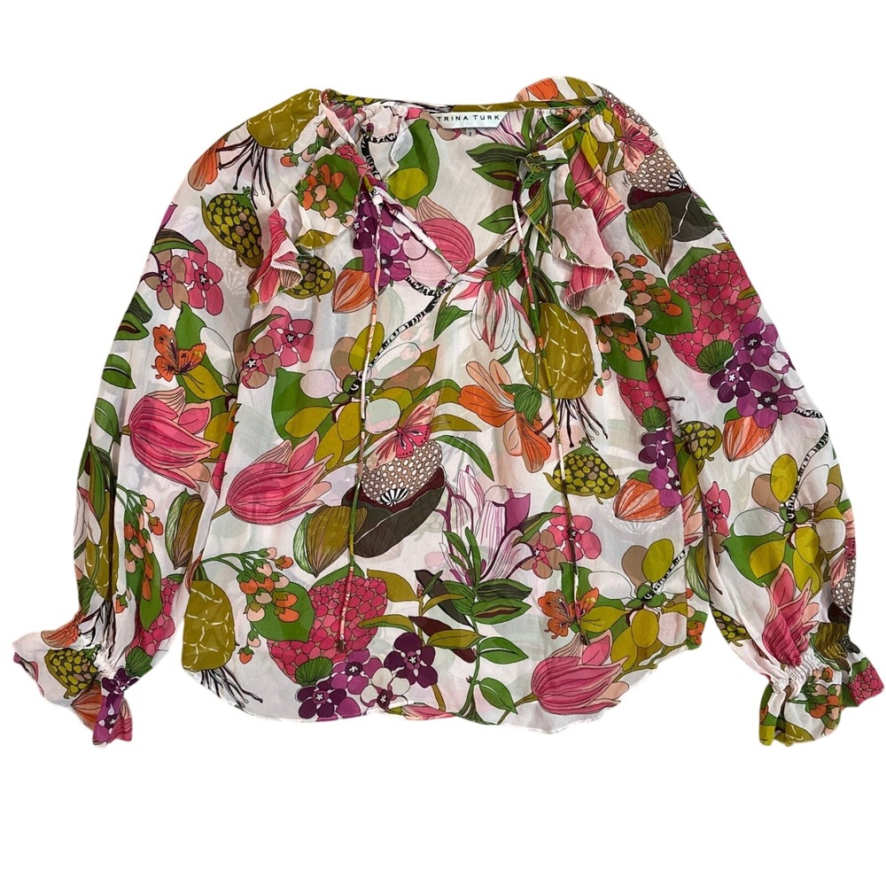 Trina Turk Blouse Magnolia Floral Silk Ruffle Tie Front Pink‎ Green Women Small